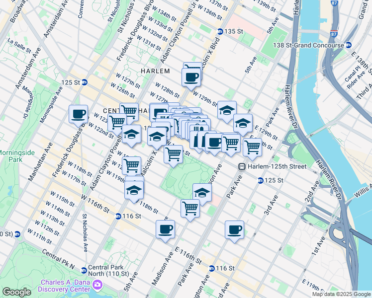 map of restaurants, bars, coffee shops, grocery stores, and more near 27 West 124th Street in New York