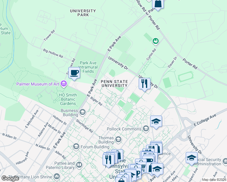 map of restaurants, bars, coffee shops, grocery stores, and more near 201 Johnston Commons in State College