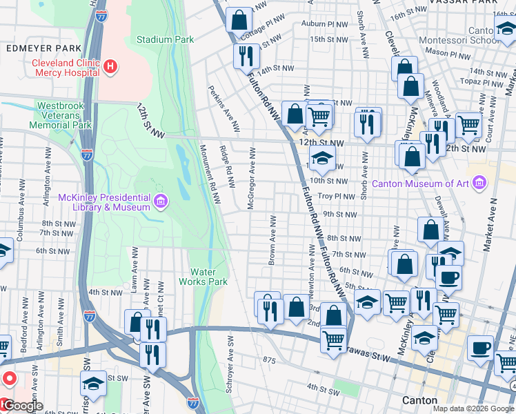 map of restaurants, bars, coffee shops, grocery stores, and more near 1320 9th Street Northwest in Canton