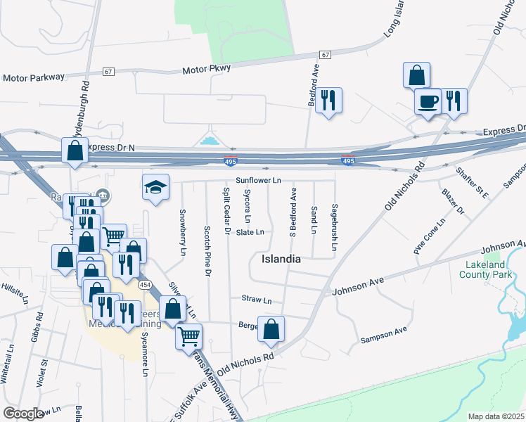 map of restaurants, bars, coffee shops, grocery stores, and more near 180 Serpentine Lane in Islandia