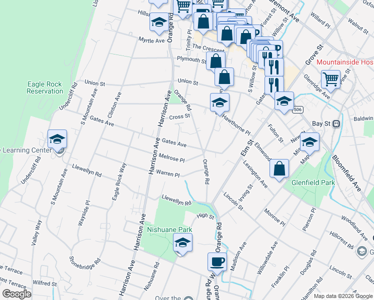map of restaurants, bars, coffee shops, grocery stores, and more near 11 Melrose Place in Montclair