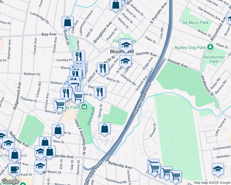 map of restaurants, bars, coffee shops, grocery stores, and more near 110 James Street in Bloomfield