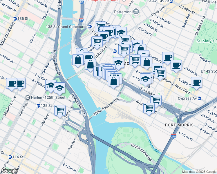 map of restaurants, bars, coffee shops, grocery stores, and more near 98 Lincoln Avenue in Bronx