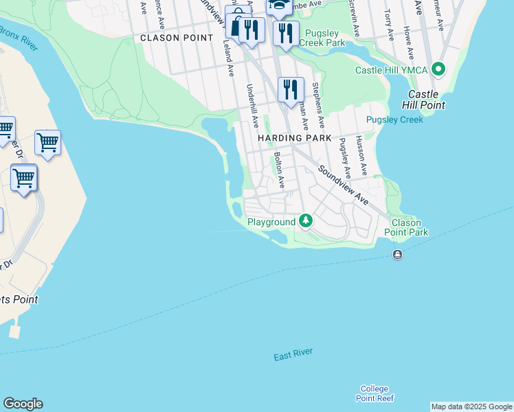 map of restaurants, bars, coffee shops, grocery stores, and more near 607 Harding Park in The Bronx