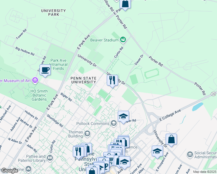 map of restaurants, bars, coffee shops, grocery stores, and more near 250 University Drive in State College