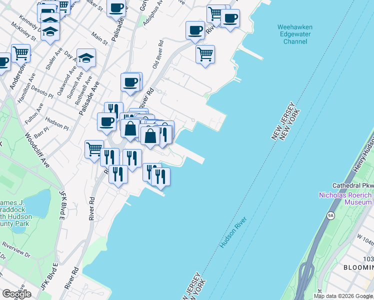 map of restaurants, bars, coffee shops, grocery stores, and more near 102 The Promenade in Edgewater
