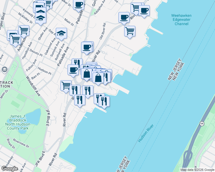 map of restaurants, bars, coffee shops, grocery stores, and more near 90 The Promenade in Edgewater