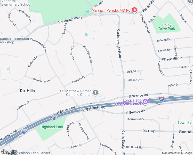map of restaurants, bars, coffee shops, grocery stores, and more near 39 Buckingham Drive in Dix Hills