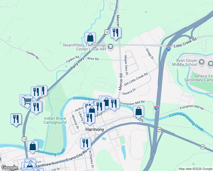 map of restaurants, bars, coffee shops, grocery stores, and more near 303 Mercer Road in Harmony