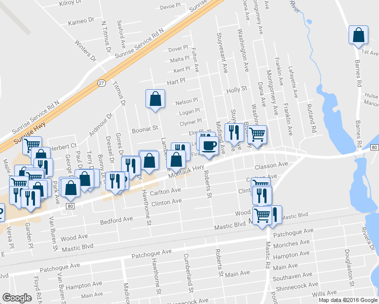 map of restaurants, bars, coffee shops, grocery stores, and more near 19 1st Place in Mastic