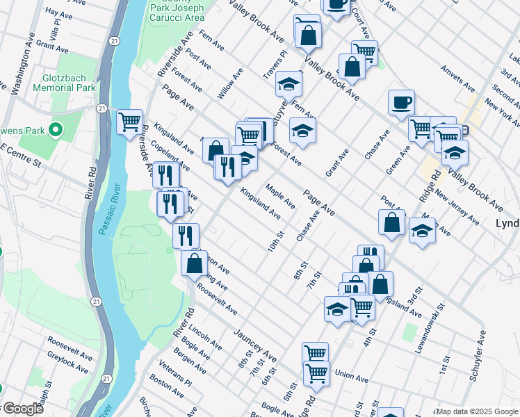 map of restaurants, bars, coffee shops, grocery stores, and more near 351 Copeland Avenue in Lyndhurst