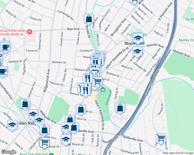 map of restaurants, bars, coffee shops, grocery stores, and more near 369 Broad Street in Bloomfield
