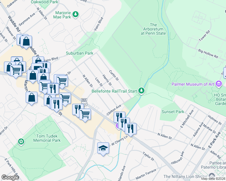 map of restaurants, bars, coffee shops, grocery stores, and more near 1340 Harris Street in State College