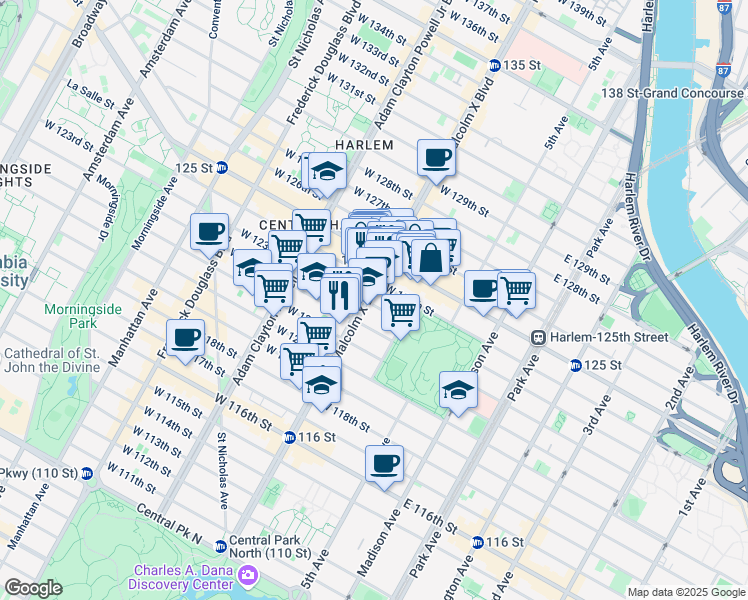 map of restaurants, bars, coffee shops, grocery stores, and more near 10 West 123rd Street in New York