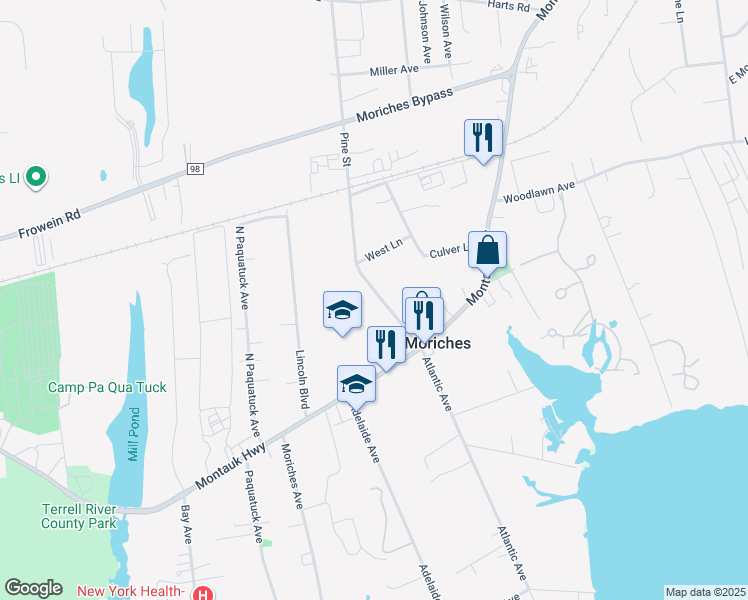 map of restaurants, bars, coffee shops, grocery stores, and more near in East Moriches