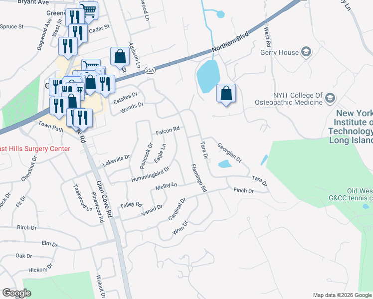 map of restaurants, bars, coffee shops, grocery stores, and more near 22 Henhawk Lane in Roslyn
