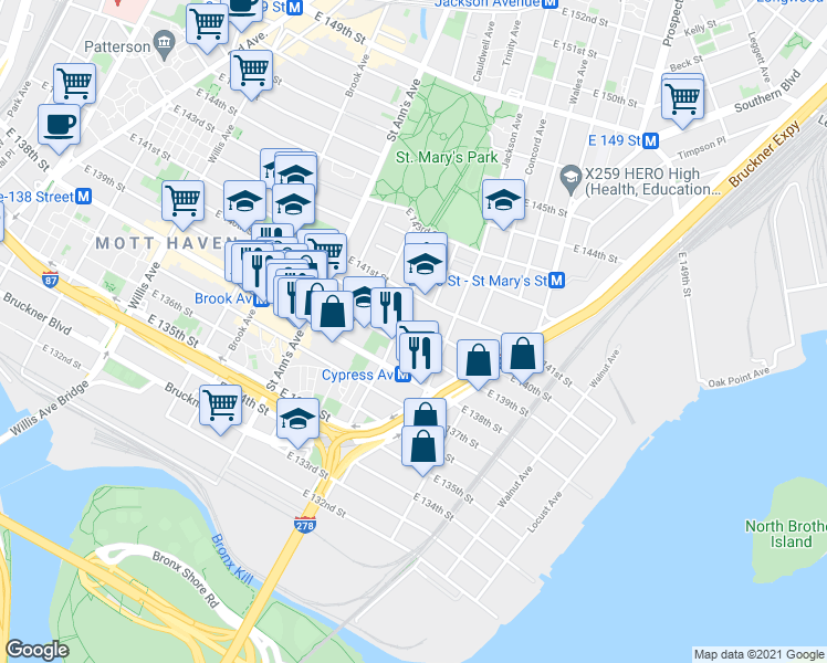 map of restaurants, bars, coffee shops, grocery stores, and more near 264 Cypress Avenue in The Bronx