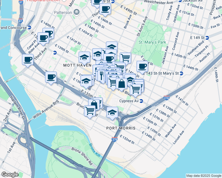 map of restaurants, bars, coffee shops, grocery stores, and more near 201 Saint Ann's Avenue in Bronx