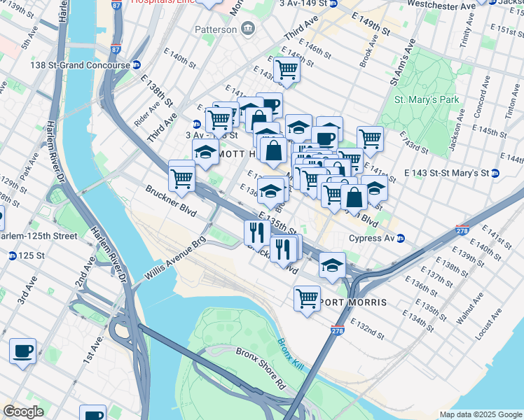 map of restaurants, bars, coffee shops, grocery stores, and more near 160 Brown Place in The Bronx