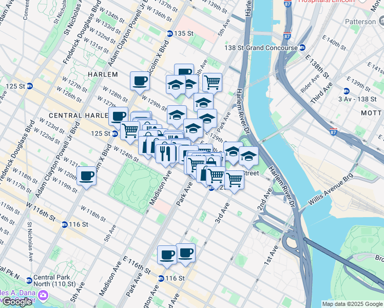 map of restaurants, bars, coffee shops, grocery stores, and more near 56 East 126th Street in New York