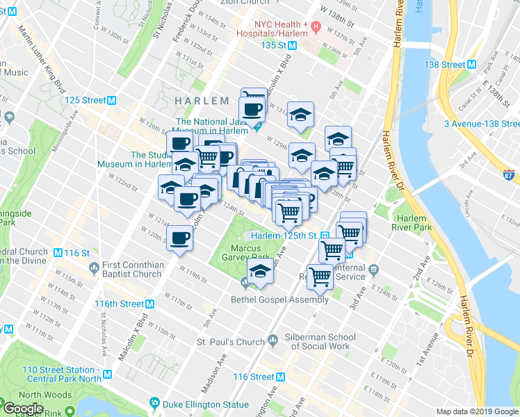 map of restaurants, bars, coffee shops, grocery stores, and more near 4 East 125th Street in New York