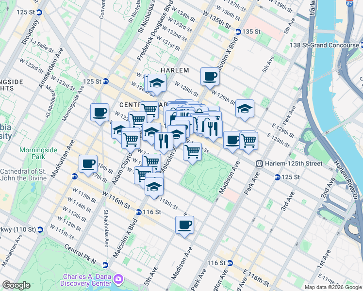 map of restaurants, bars, coffee shops, grocery stores, and more near 10 West 123rd Street in New York