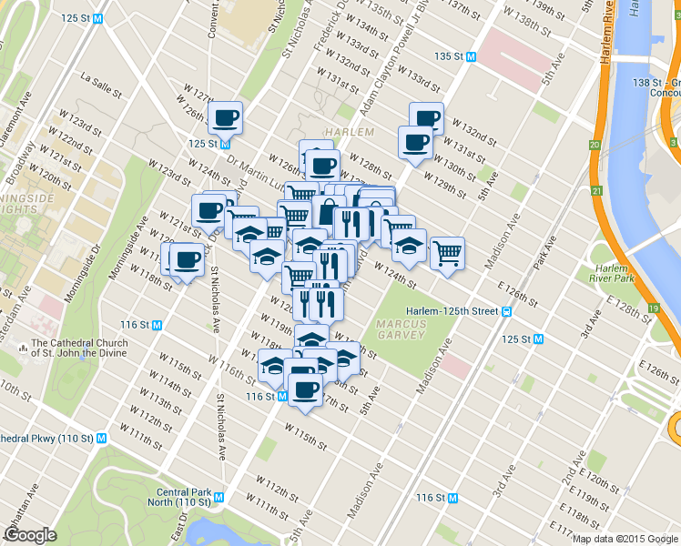 map of restaurants, bars, coffee shops, grocery stores, and more near 38 West 123rd Street in New York