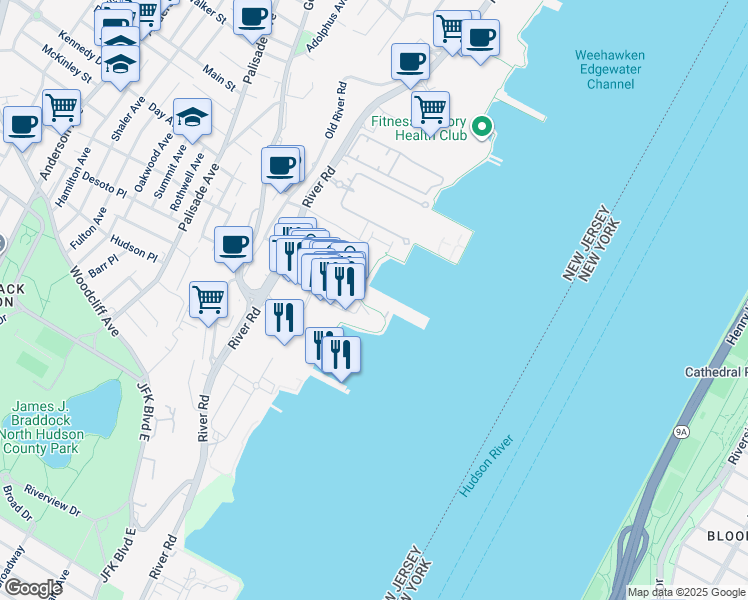 map of restaurants, bars, coffee shops, grocery stores, and more near 102 The Promenade in Edgewater