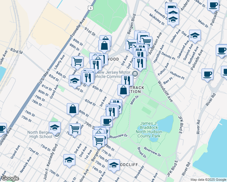 map of restaurants, bars, coffee shops, grocery stores, and more near 614 85th Street in North Bergen