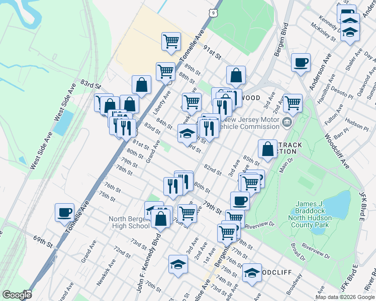 map of restaurants, bars, coffee shops, grocery stores, and more near 1211 82nd Street in North Bergen