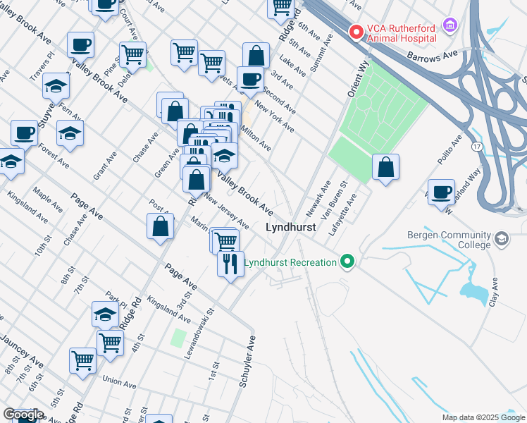 map of restaurants, bars, coffee shops, grocery stores, and more near 14 Kennedy Court in Lyndhurst