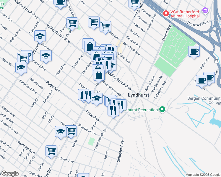 map of restaurants, bars, coffee shops, grocery stores, and more near 353 4th Street in Lyndhurst