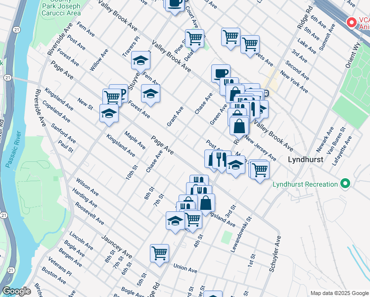 map of restaurants, bars, coffee shops, grocery stores, and more near 505 Page Avenue in Lyndhurst