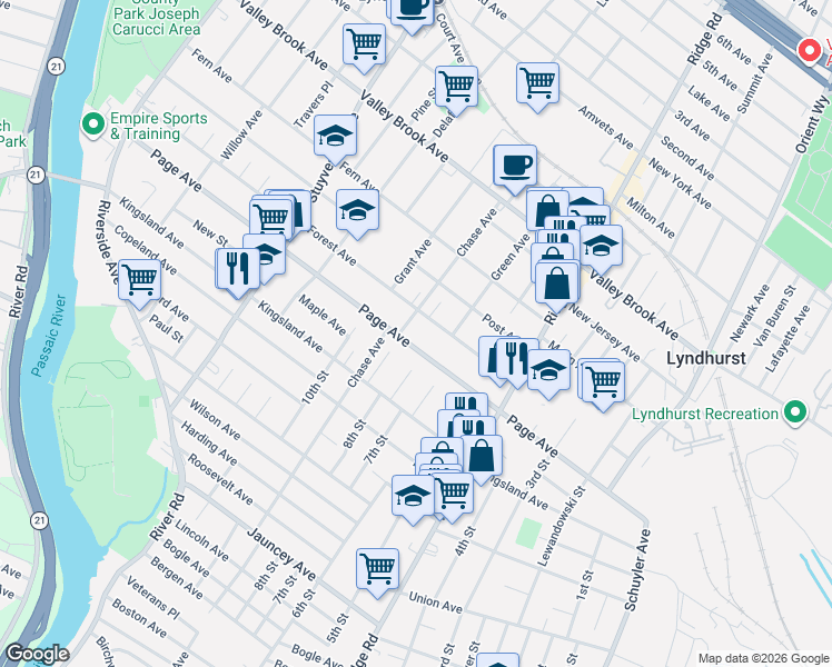 map of restaurants, bars, coffee shops, grocery stores, and more near 436 Page Avenue in Lyndhurst