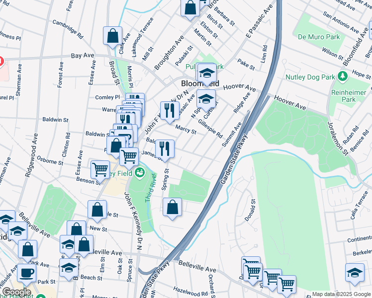 map of restaurants, bars, coffee shops, grocery stores, and more near 110 James Street in Bloomfield