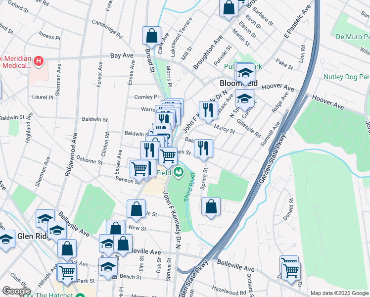 map of restaurants, bars, coffee shops, grocery stores, and more near 27 James Street in Bloomfield