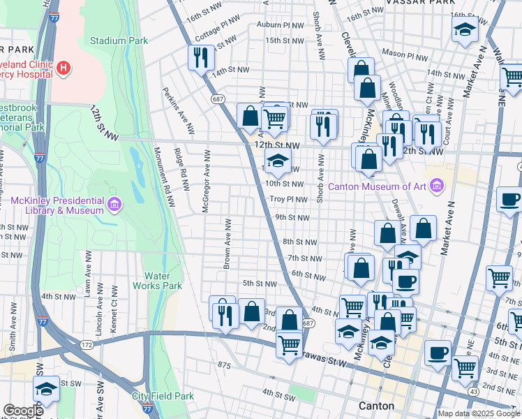 map of restaurants, bars, coffee shops, grocery stores, and more near 835 Fulton Road Northwest in Canton