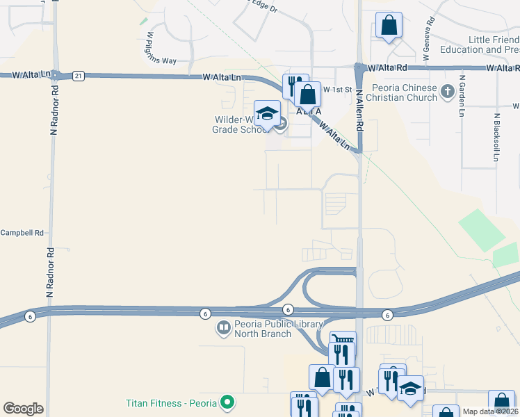 map of restaurants, bars, coffee shops, grocery stores, and more near 9703 North Megan Court in Peoria