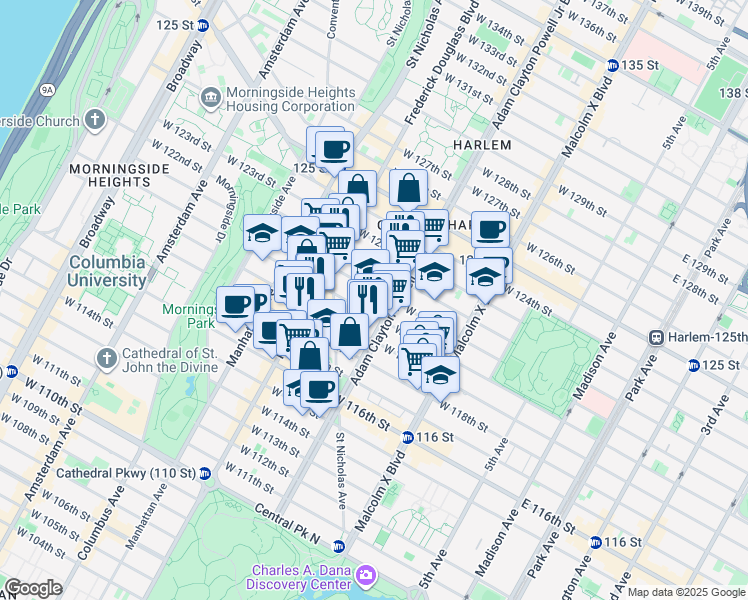 map of restaurants, bars, coffee shops, grocery stores, and more near 220 West 121st Street in New York