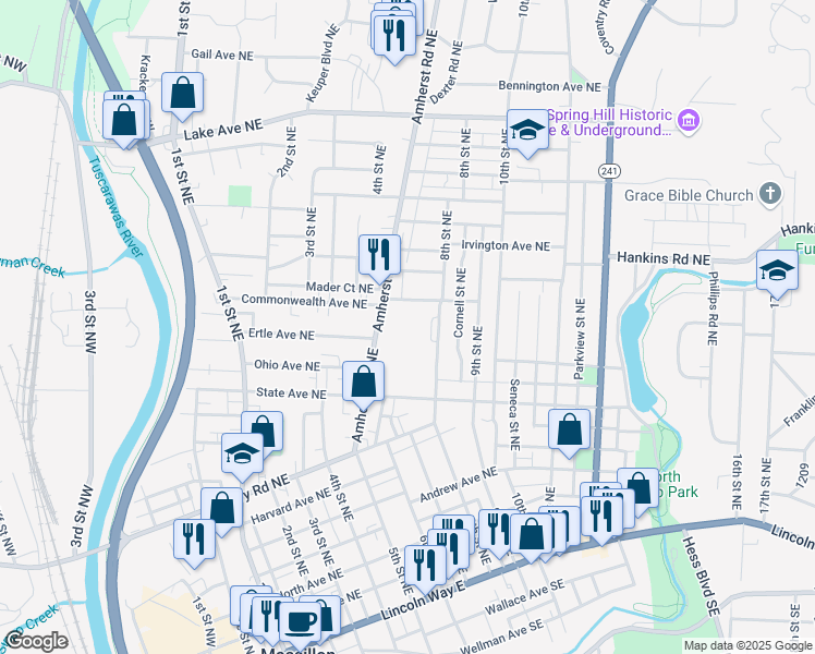 map of restaurants, bars, coffee shops, grocery stores, and more near 875 8th Street Northeast in Massillon