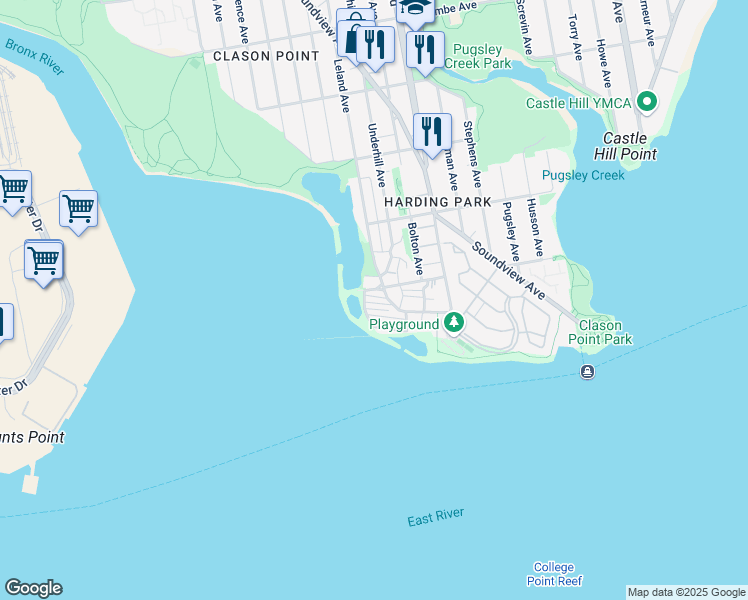 map of restaurants, bars, coffee shops, grocery stores, and more near 603 Harding Park in The Bronx