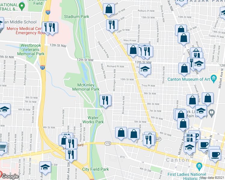 map of restaurants, bars, coffee shops, grocery stores, and more near 1403 9th Street Northwest in Canton