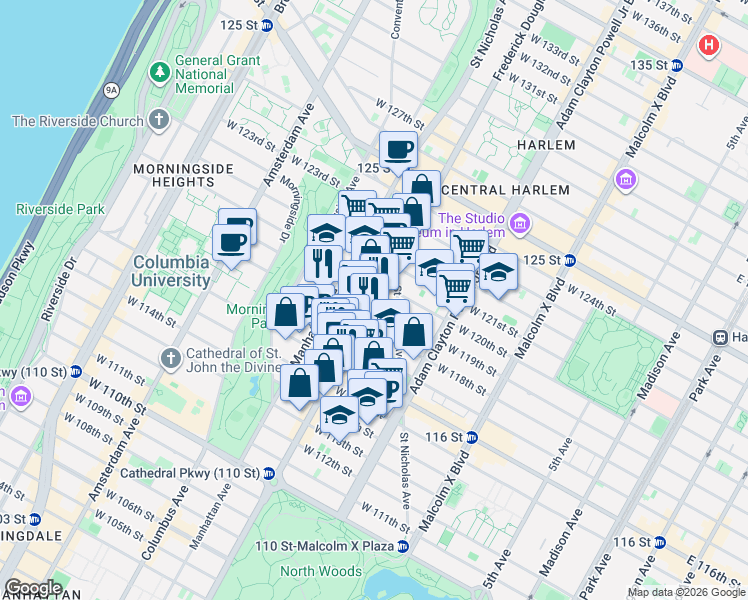 map of restaurants, bars, coffee shops, grocery stores, and more near 2211 Frederick Douglass Boulevard in New York