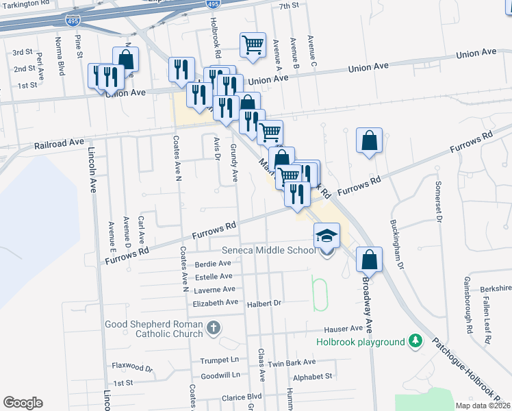 map of restaurants, bars, coffee shops, grocery stores, and more near 344 Furrows Road in Holbrook