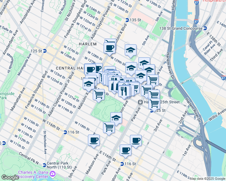 map of restaurants, bars, coffee shops, grocery stores, and more near 4 East 125th Street in New York