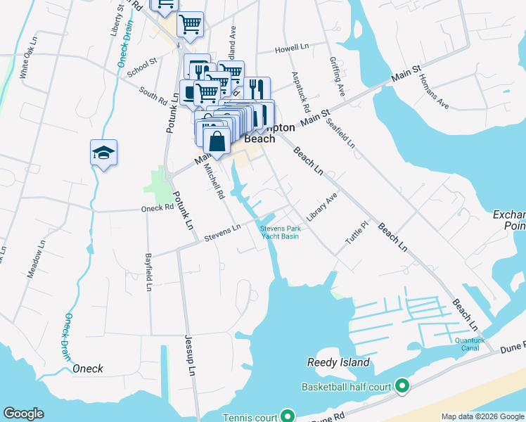 map of restaurants, bars, coffee shops, grocery stores, and more near 35 Library Avenue in Westhampton Beach