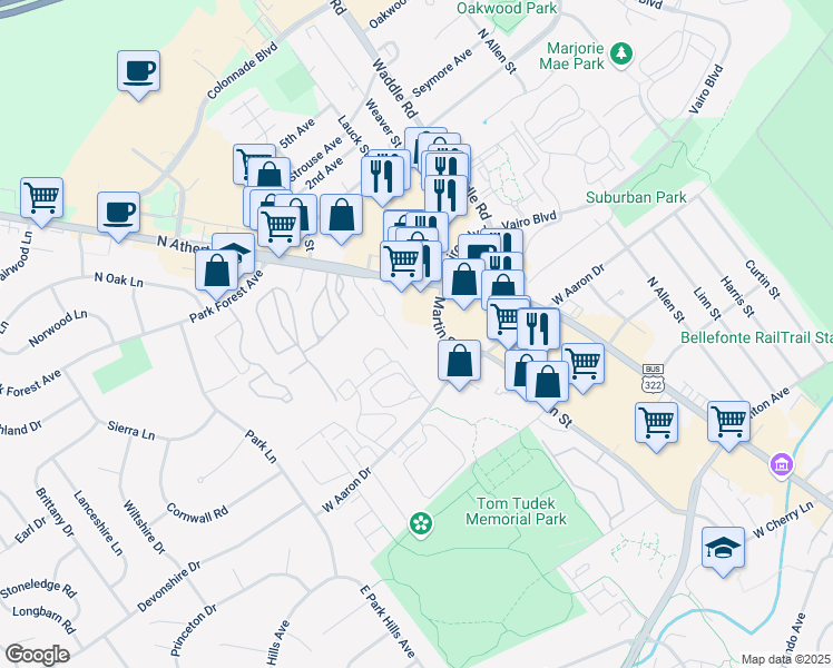 map of restaurants, bars, coffee shops, grocery stores, and more near Franklin Manor Ln in State College