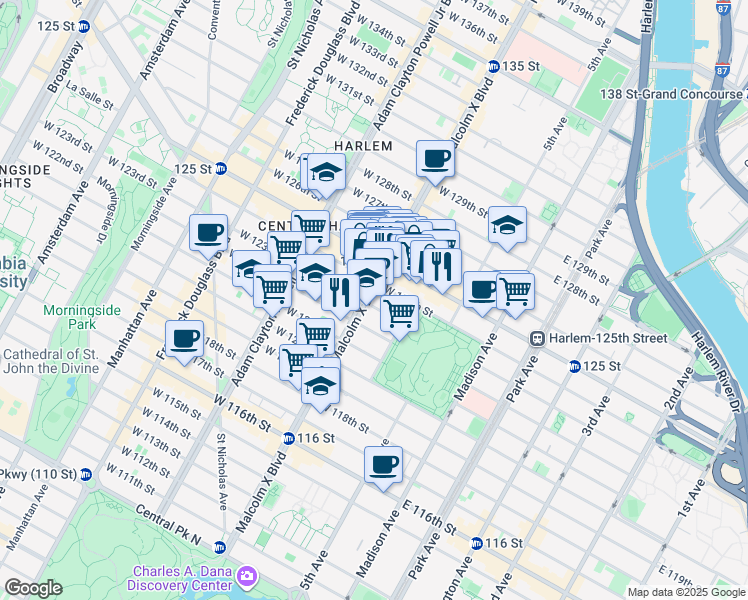 map of restaurants, bars, coffee shops, grocery stores, and more near 10 West 123rd Street in New York