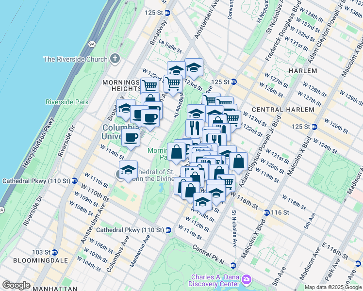 map of restaurants, bars, coffee shops, grocery stores, and more near 35 Morningside Avenue in New York
