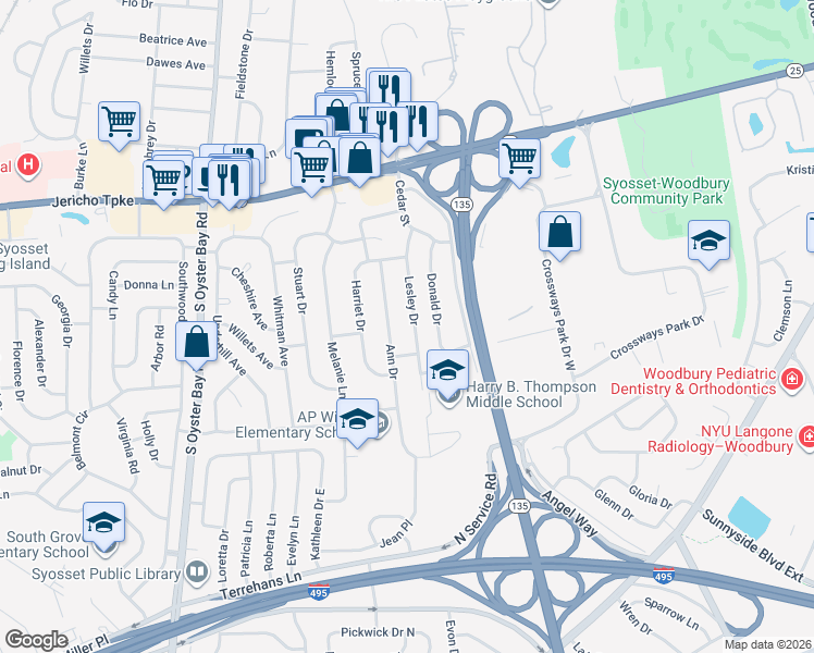 map of restaurants, bars, coffee shops, grocery stores, and more near 25 Ann Drive in Syosset